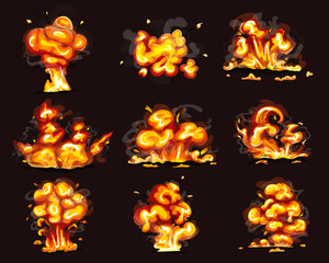 Wall Mural - Fire explosion ui animation sprite vector set. Cartoon magic hit effect animated kit. Boom clouds and smoke elements for ui game. Atomic comics detonators for mobile animation