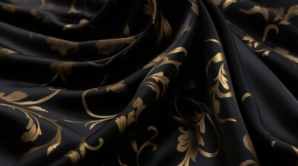 Exquisite photo, a golden silk fabric with an elegant vintage floral pattern creates an atmosphere of opulence, showcasing timeless style and artistry for high-end fashion and decor. Generative AI.