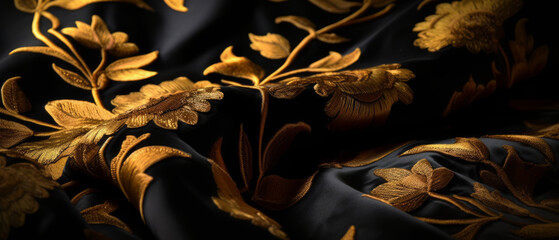 Wall Mural - Exquisite photo, a golden silk fabric with an elegant vintage floral pattern creates an atmosphere of opulence, showcasing timeless style and artistry for high-end fashion and decor. Generative AI.