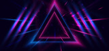 Fototapeta Przestrzenne - Abstract technology futuristic neon triangle glowing blue and pink  light lines with speed motion blur effect on dark blue background.