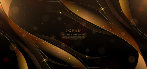 Wall Mural - 3d gold curved golden ribbon on dark brown background with lighting effect and sparkle with copy spa