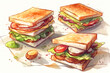 Menu fresh cooked sandwiches with tomato and salad. Sketch illustration of breakfast on table. Generative AI