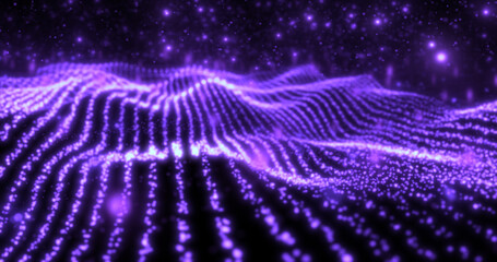 Wall Mural - Abstract purple wave lines from particles and dots of energetic magic with glow effect and blur bokeh abstract background