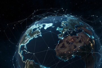 Wall Mural - night earth global virtual internet world connection of metaverse technology network digital communication and worldwide networking on connect 3d background, earth globe with space, Generative AI