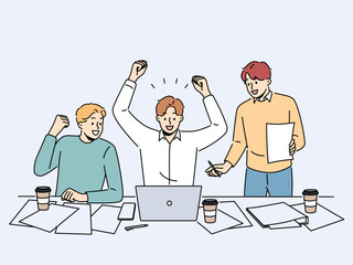 Smiling male employees work on laptop celebrate online win in office. Happy colleagues triumph with work achievement or success. Vector illustration.  Generative AI