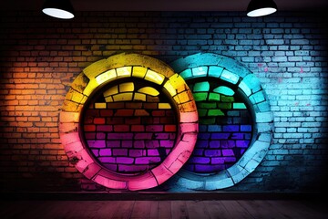 Wall Mural - Colorful neon lights on brick wall and wooden floor