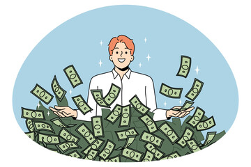 Overjoyed young businessman in stack of dollar banknotes celebrate financial success or investment. Happy man millionaire excited with money pile win lottery. Wealth and stability. Generative AI