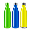 Blank metal insulated water bottle color set vector mockup. Reusable colour stainless steel travel sport flask isolated on white background mock-up