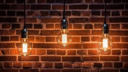 Wall Mural - A vintage brick wall serves as the perfect background for an antique hanging light bulb, illuminating a retro-inspired interior design. Urban loft-style space, glowing lamps. Generative AI.