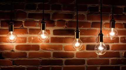 Wall Mural - A vintage brick wall serves as the perfect background for an antique hanging light bulb, illuminating a retro-inspired interior design. Urban loft-style space, glowing lamps. Generative AI.