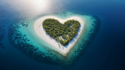 an idyllic heart-shaped island captured by a drone, showcasing the beauty of nature as it blends wit