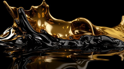 Wall Mural - A luxurious golden splash flows across a black background, creating a sense of wealth and elegance with its liquid metal design. Smooth, glittering wave of opulence and sophistication. Generative AI
