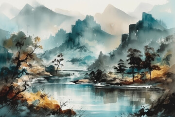 Wall Mural - chinese outdoor ink landscape painting