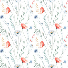 Watercolor Wildflowers Seamless Pattern With Poppy, Cornflower Chamomile, Rye And Wheat Spikelets Background