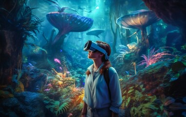 Child in Virtual Reality Glasses Transports to a Fantasy Alien Landscape with Exotic Flora and Fauna. Generative ai