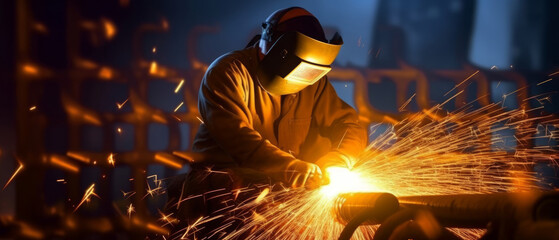 A skilled welder in a manufacturing factory wearing a protective mask and helmet, working with metal equipment and tools. Precision and expertise. Sparks and smoke in industrial setting. Generative Ai