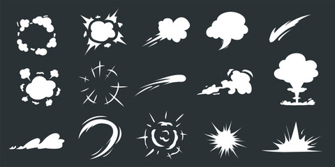 Comic speed effect, cartoon explosion. Flash boom and lighting smoke, motion energy in wind, puff clouds silhouette, smog or mist. Cartoon flat style elements. Vector recent isolated icons