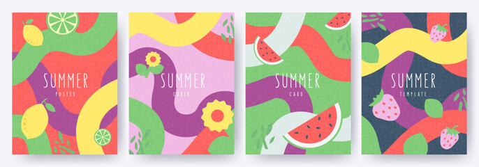 Creative concept of Summer card set. Modern abstract art design with fruits and berries, geometric shapes, wavy bold lines. Templates for celebration, ads, branding, banner, cover, label, poster, sale