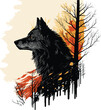 Black wolf in the red forest. Portrait