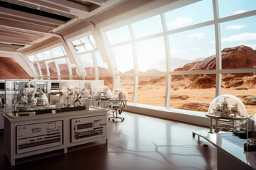 Wall Mural - futuristic interior of a laboratory or scientific station on a planet. created with generative ai te