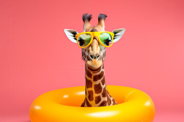 Wall Mural - A giraffe ready for a summer vacation with sunglasses and an inflatable rubber ring. Generative ai Generative AI