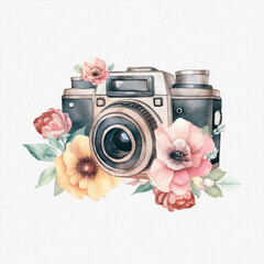 Retro camera in flowers and plants. Hand drawn photo camera. Can be used as print, logo, for cards, wedding invitation. Watercolor
