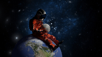 Wall Mural - astronaut sits on planet earth and hold moon in hands. cosmonaut in space, exploration of outer spac