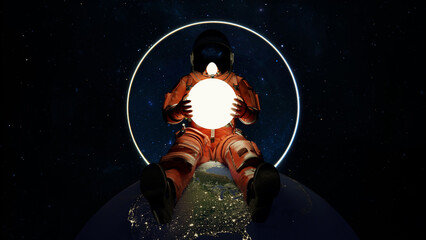 Wall Mural - astronaut sits on planet earth and hold glow star planet in hands. cosmonaut in space, exploration o