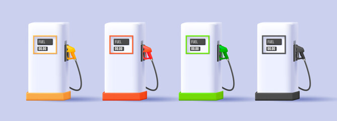 Set of gas station equipment, white 3d render illustration with colorful gas guns, digital icon render style