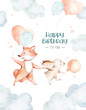 Cute cartoon rabbit and fox animal hand drawn watercolor bunny illustration with air balloon baby shower. kids nursery wear fashion design, baby shower invitation card.