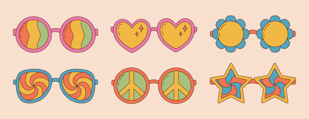 Collection of groovy hippie sunglasses in trendy retro 1970s style. Cartoon psychedelic elements. Vector illustration Generative AI