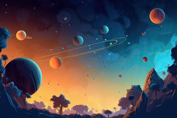 Wall Mural - illustration on the topic of outer space, interstellar travels, universe and distant galaxies.