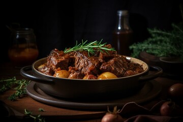 A detailed shot of beef burgundy dish with potatoes. Generative AI