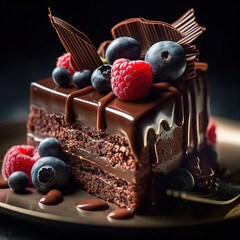 Wall Mural - Creamy dark chocolate cake with  raspberries.Close up. Generated by AI.