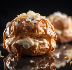 Sticker - Delisious profiteroles on a dark background.Generated by AI.