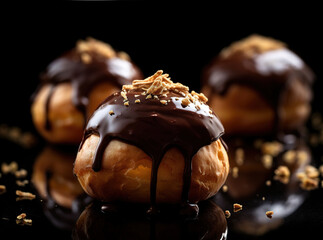 Sticker - Chocolate profiteroles on a dark background.Generated by AI.