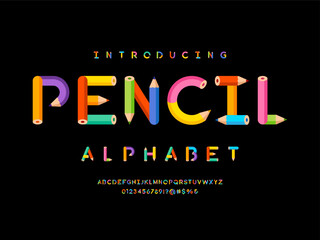 Wall Mural - colorful pencil style alphabet design with uppercase, numbers and symbols