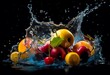 Fresh fruits splashing into blue clear water splash on black background. AI Generative Illustrations