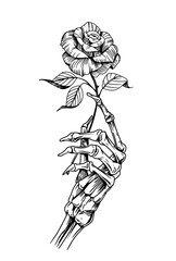 Wall Mural - Skeleton hand with rose. Hand drawn vector sketch. Black outline on transparent background