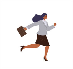 Wall Mural - Busy business woman character holding briefcase running fast being late on job isolated on white Generative AI