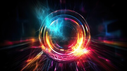 Wall Mural - Colorful abstract light rings lens flare. Shining neon burst of glowing solar eclipse.