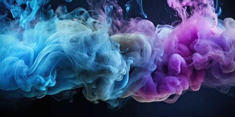 Wall Mural - Colorful abstract smoke explosion on dark background. Steam and fog in colorful fantasy texture design. Purple and blue
