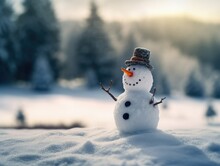 Snowman Standing In The Snow With Trees In The Background. Generative AI