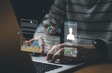 Wall Mural - young entrepreneur using big data analysis and cloud technology to collect customer data and display