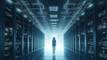 Generative AI Is Being Used By A Female Chief Technology Officer Of A Big Data Center Who Is Standing In A Warehouse And Activating Servers.