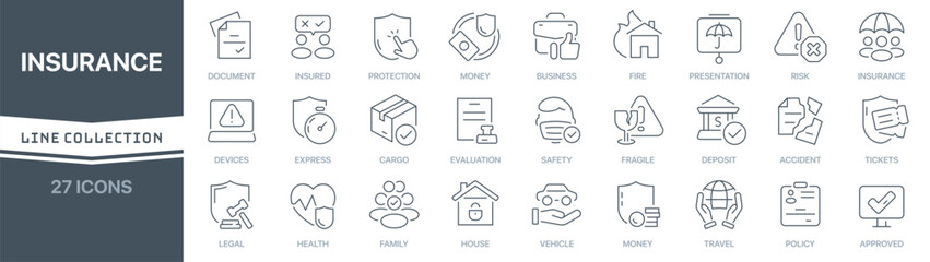 Aufkleber - Insurance linear signed icon collection. Signed thin line icons collection. Set of insurance simple outline icons
