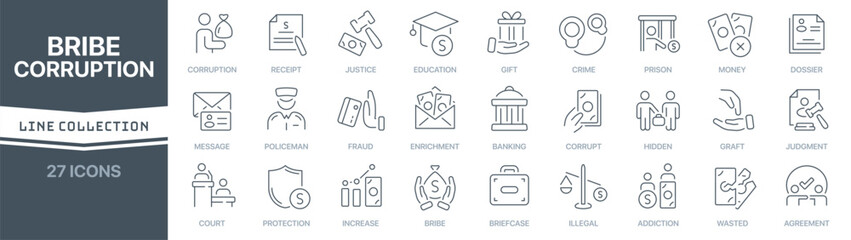 Aufkleber - Bribe and corruption linear signed icon collection. Signed thin line icons collection. Set of bribe and corruption simple outline icons