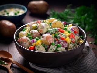 potato salad with colorful vegetables and a creamy dressing