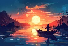 Sunset Scenery Of A Man Rowing A Boat Among Many Glowing Moons Floating On The Sea, Digital Art Style, Illustration Painting - Generative AI
