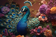 peacock with feathers surrounded by flowers